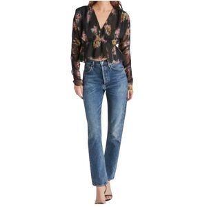 NEW Steve Madden Floral Chiffon Shirred Long Sleeve Crop Peplum Top Black